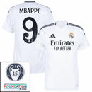 Real Madrid Mbappé 9 Home Fan Jersey 2024/25 Patches UCL UEFA Foundation (Official Printing)