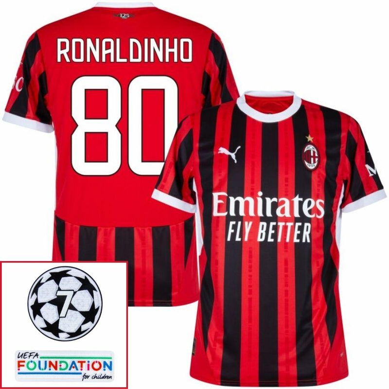 AC Milan Ronaldinho 80 Home Fan Jersey 2024/25 Patches UCL UEFA Foundation (Official Printing)