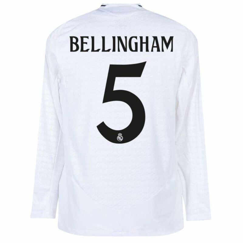 Real Madrid Bellingham 5 Home Fan Jersey Long Sleeve 2024/25 Patches UCL UEFA Foundation (Official Printing)